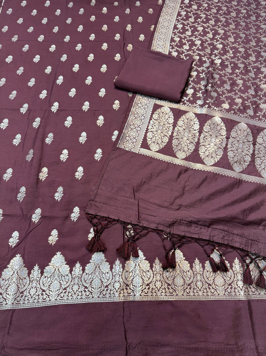 Wine Chiniya Silk Silver Zari Weaving Work Banarasi Suit