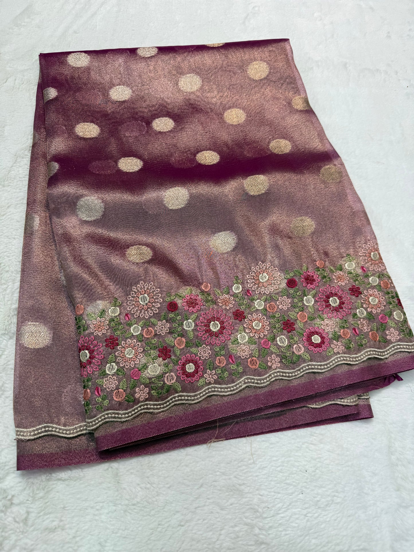 Maroon shade tissue cutwork embroidery premium designer Banarasi saree
