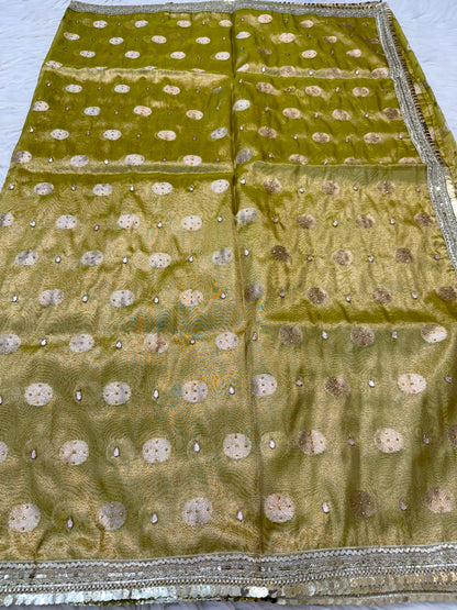 Pista green shade tissue ari & zardosi work designer premium Banarasi saree