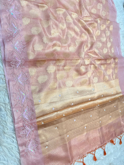 Dusty pink shade tissue kota zardosi work Banarasi saree