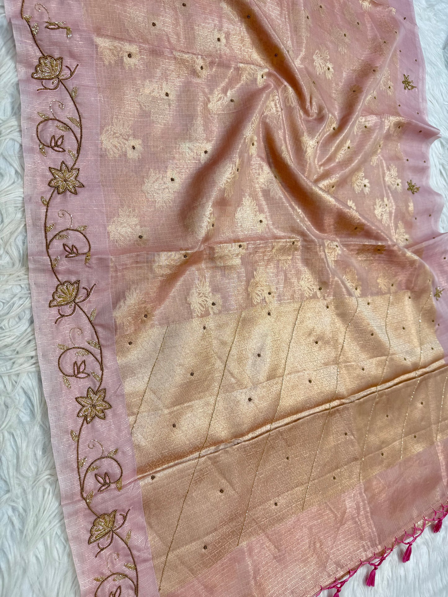 Pink shade tissue kota handwork premium Banarasi saree