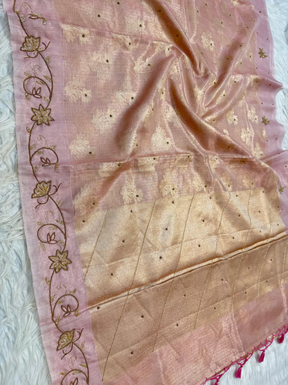 Pink shade tissue kota handwork premium Banarasi saree