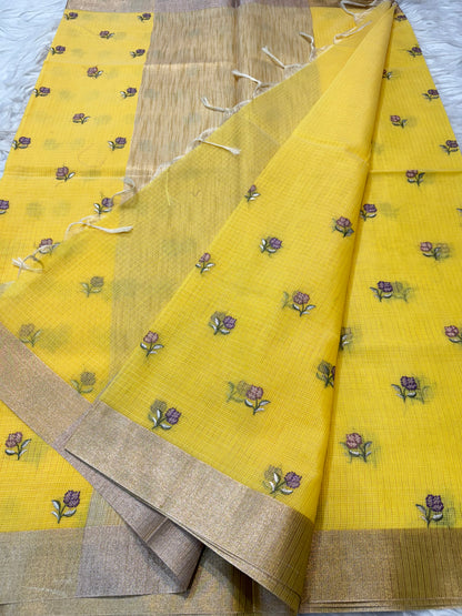 Yellow shade cotton kota embroidery Banarasi saree