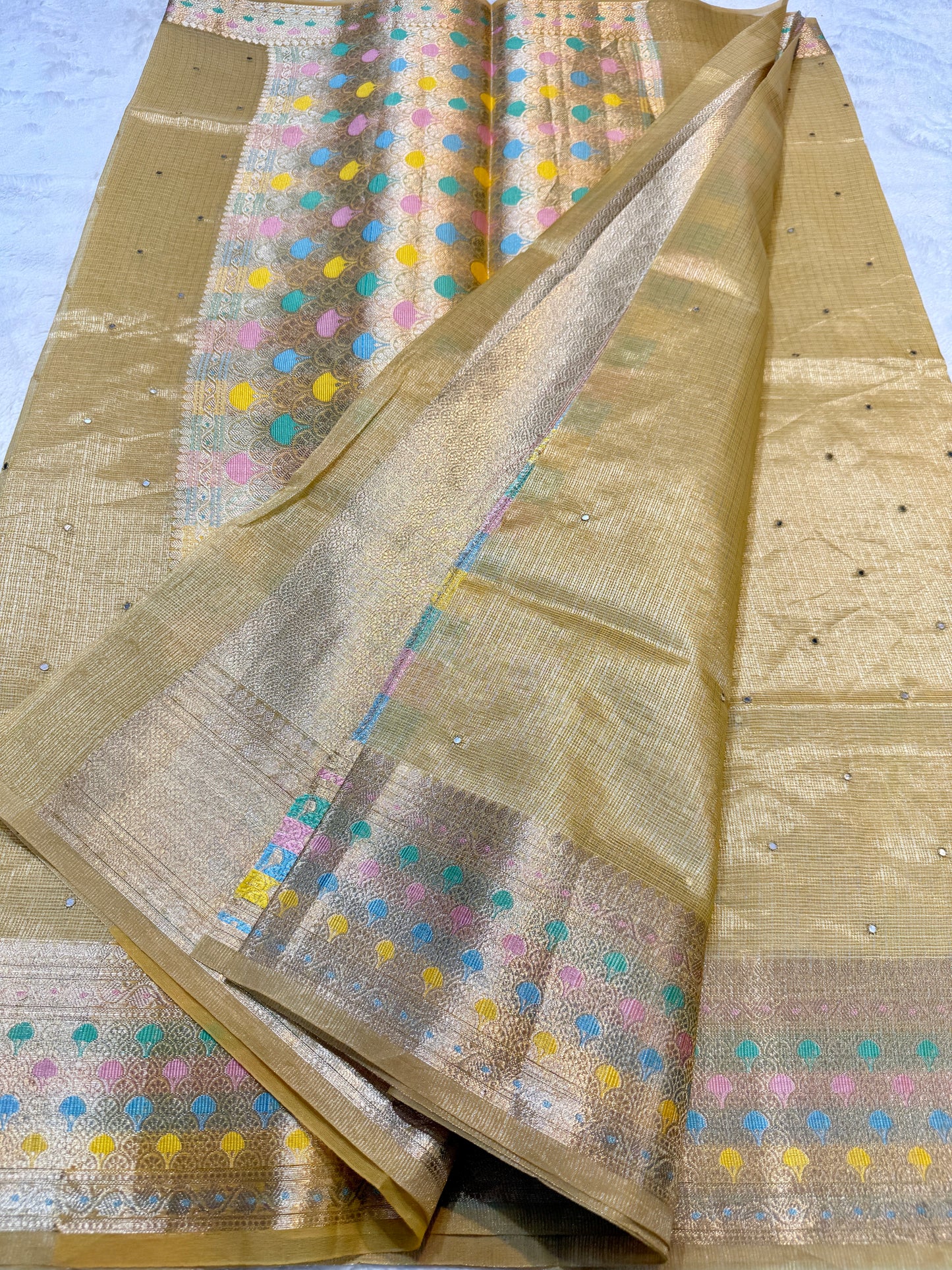 Gold shade tissue kota mirror work premium Banarasi saree
