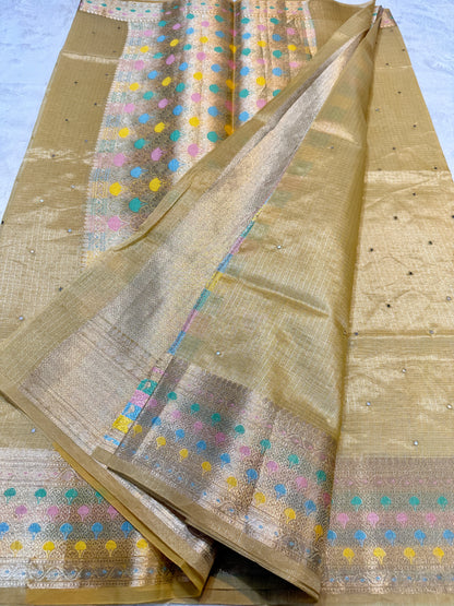 Gold shade tissue kota mirror work premium Banarasi saree