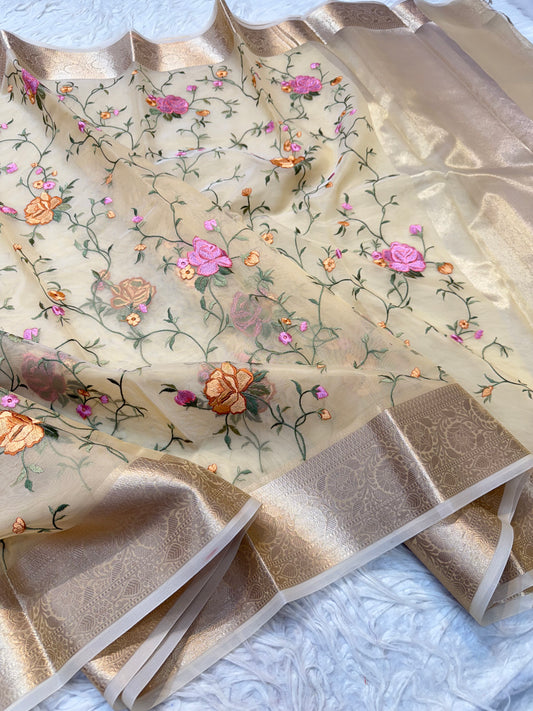 Beige shade organza embroidery Banarasi saree