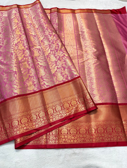Pink red shade Kanchi silk premium Banarasi saree