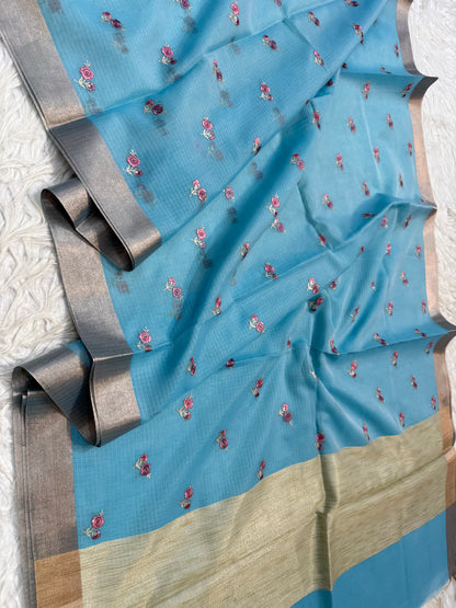 Sky blue shade cotton kota embroidery Banarasi saree