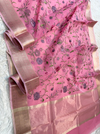 Pink shade organza embroidery Banarasi saree