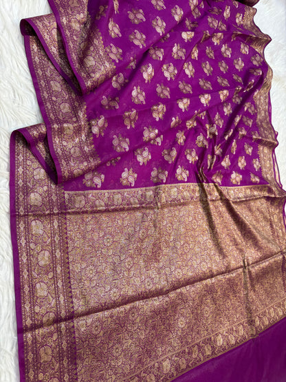 Magenta shade georgatte Banarasi saree