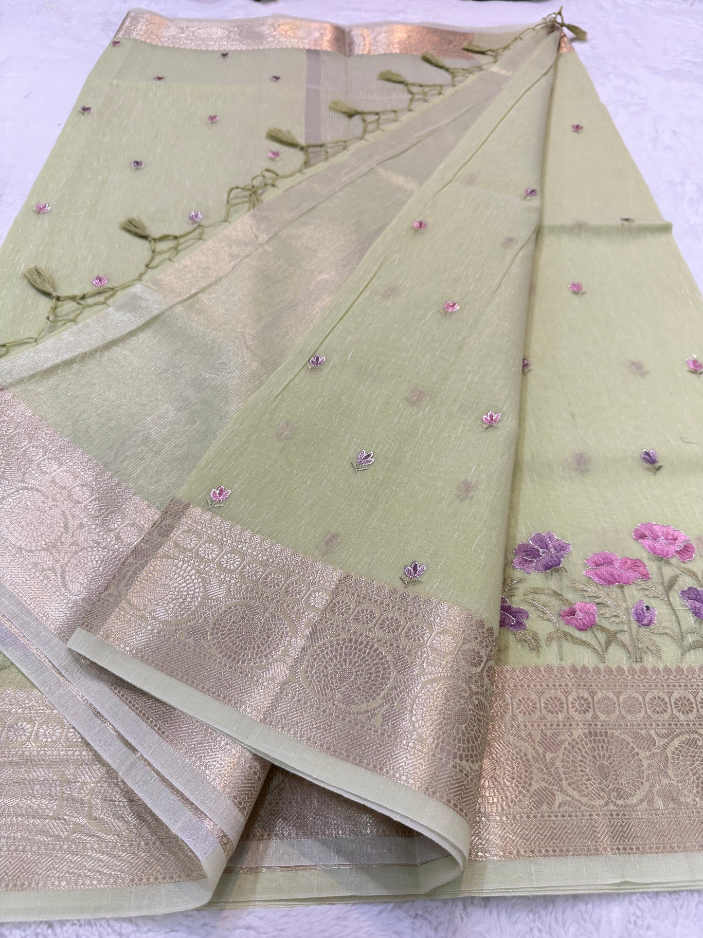 Pista green shade linen embroidery Banarasi saree
