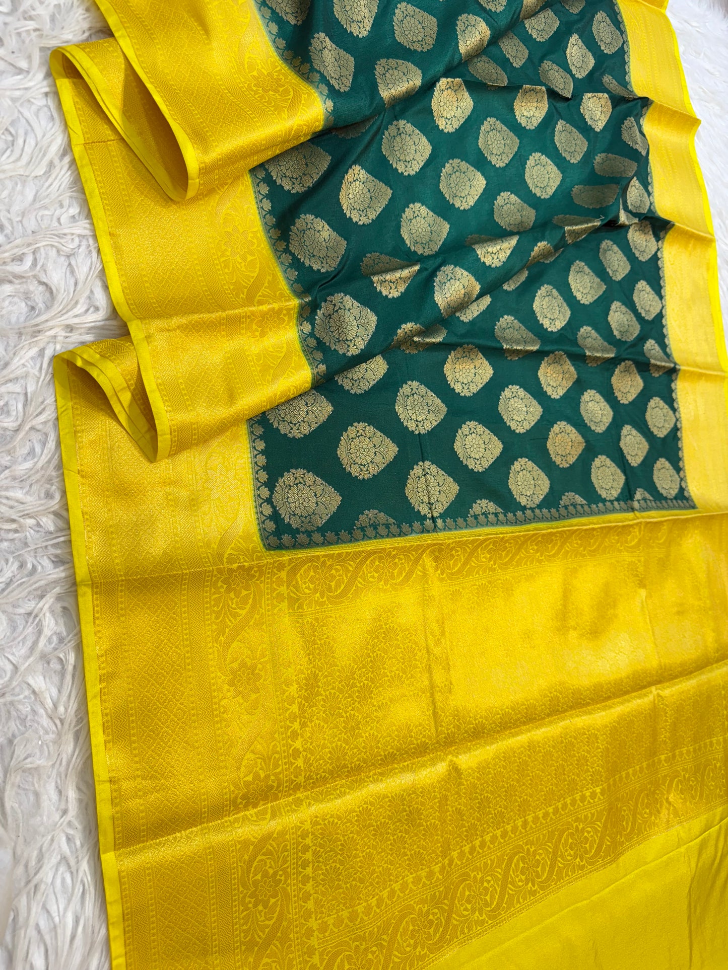 Bottle green & yellow shade Dupion Silk Banarasi Saree 