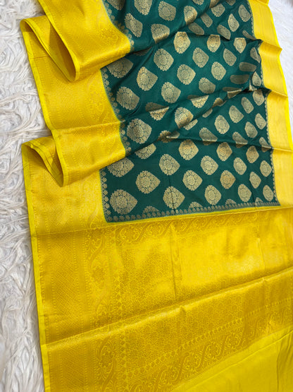 Bottle green & yellow shade Dupion Silk Banarasi Saree 