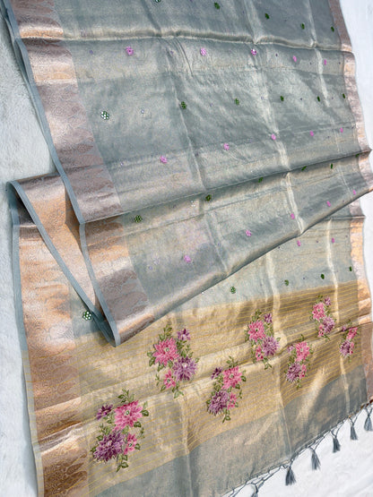 Light slate blue shade kota tissue kota designer embroidery handwork premium Banarasi saree