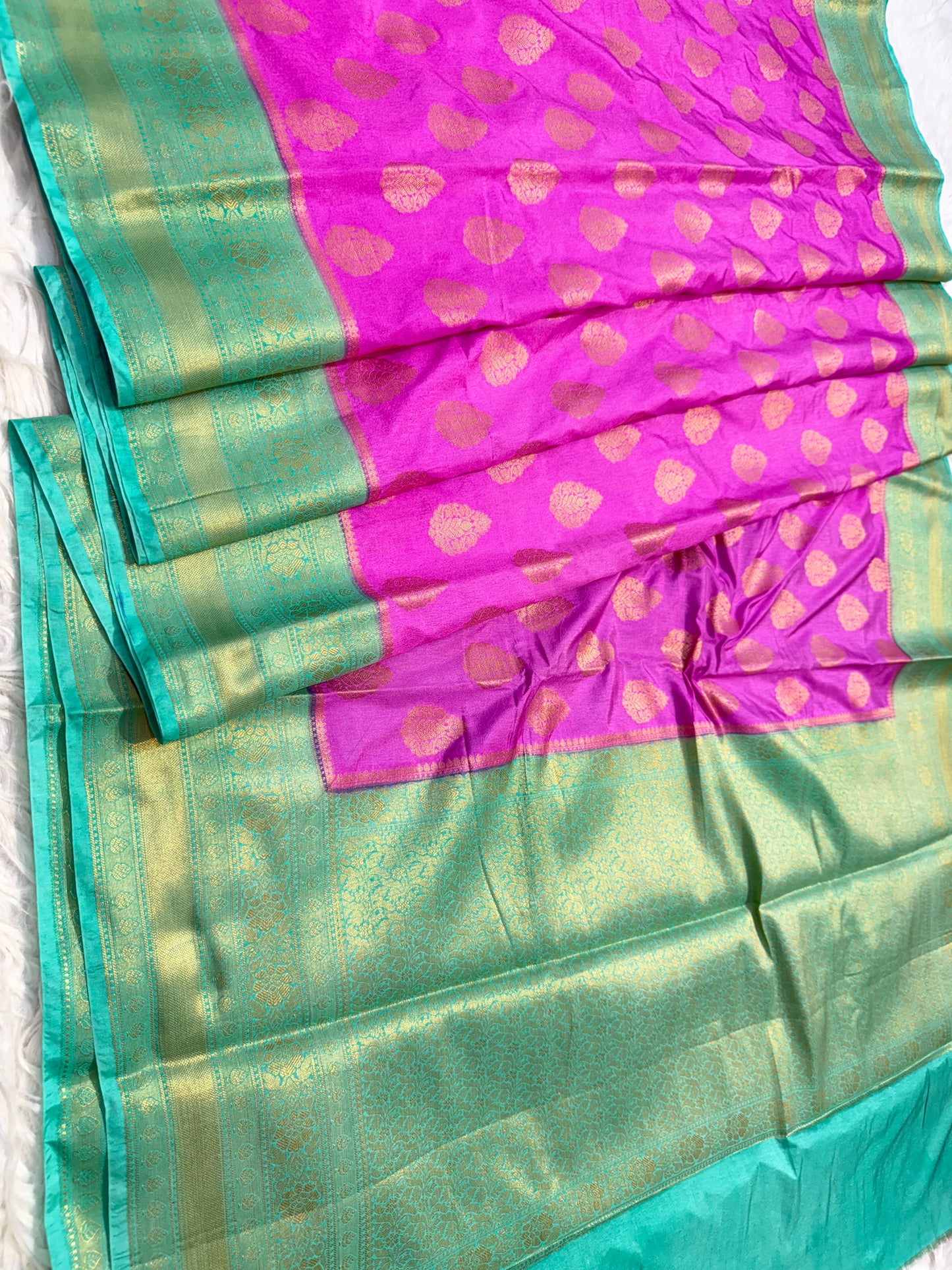 Pink sea green shade Dupion Silk premium Banarasi Saree