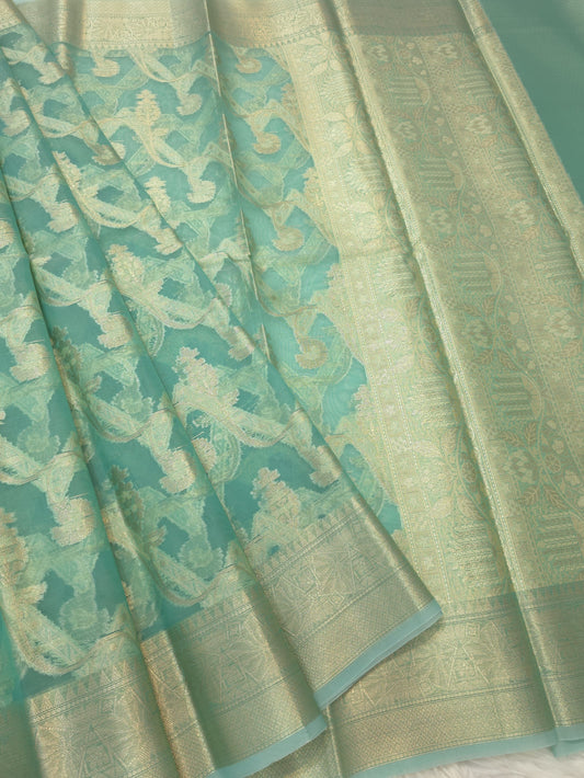 Sea green shade kora organza Banarasi saree