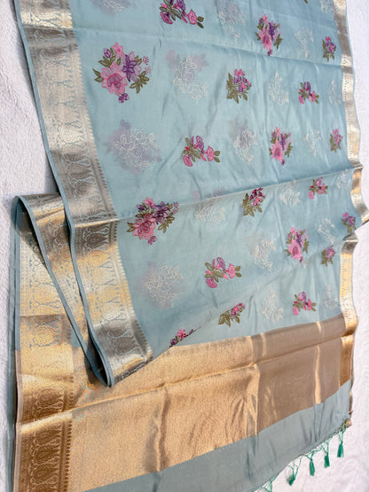 Firozi shade soft silk designer  premium embroidery Banarasi saree