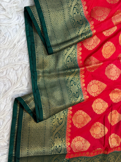 Red & bottle green shade Dupion Silk Banarasi Saree 
