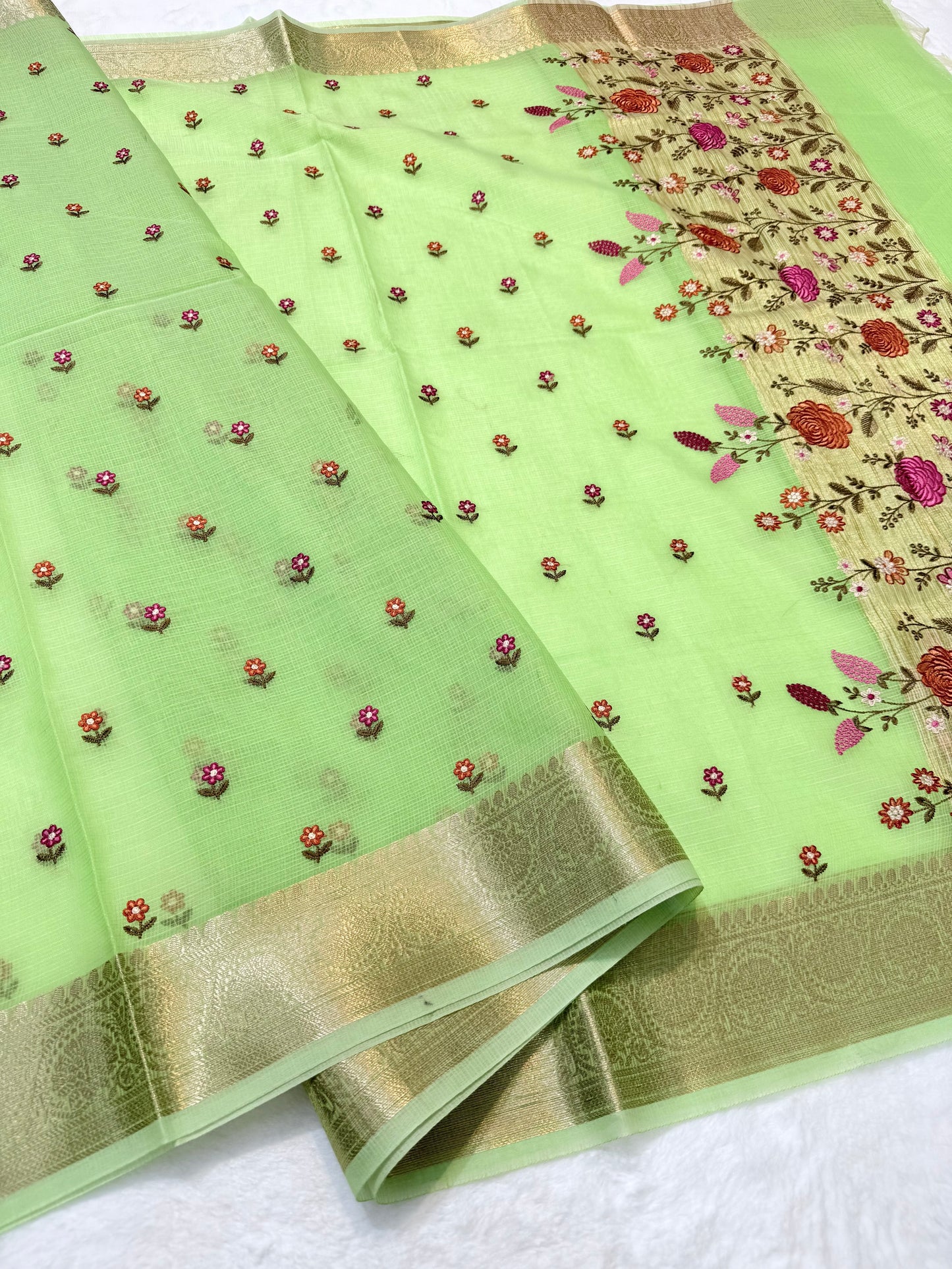 Pista green  shade cotton kota embroidery Banarasi saree