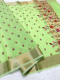 Pista green  shade cotton kota embroidery Banarasi saree