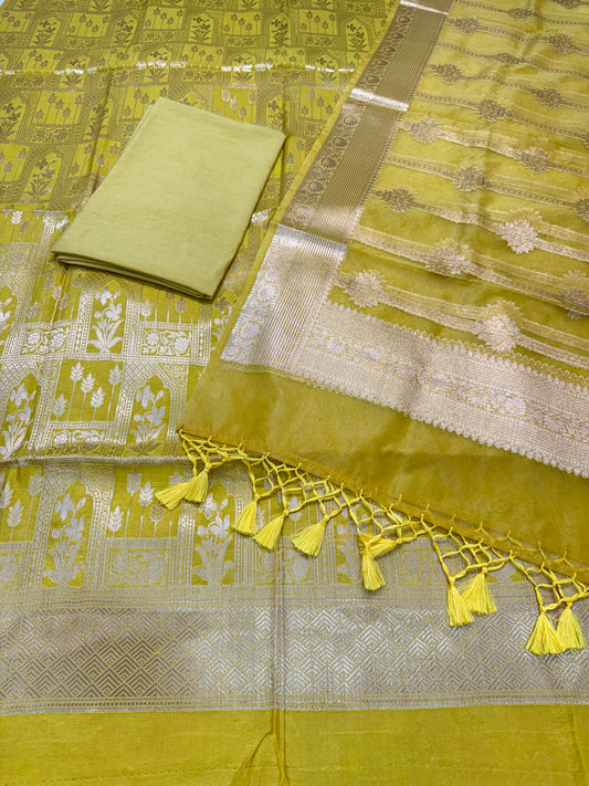Safety yellow Raw Mango with organza dupatta  Three Piece Banarasi Suit
