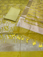 Safety yellow Raw Mango with organza dupatta  Three Piece Banarasi Suit