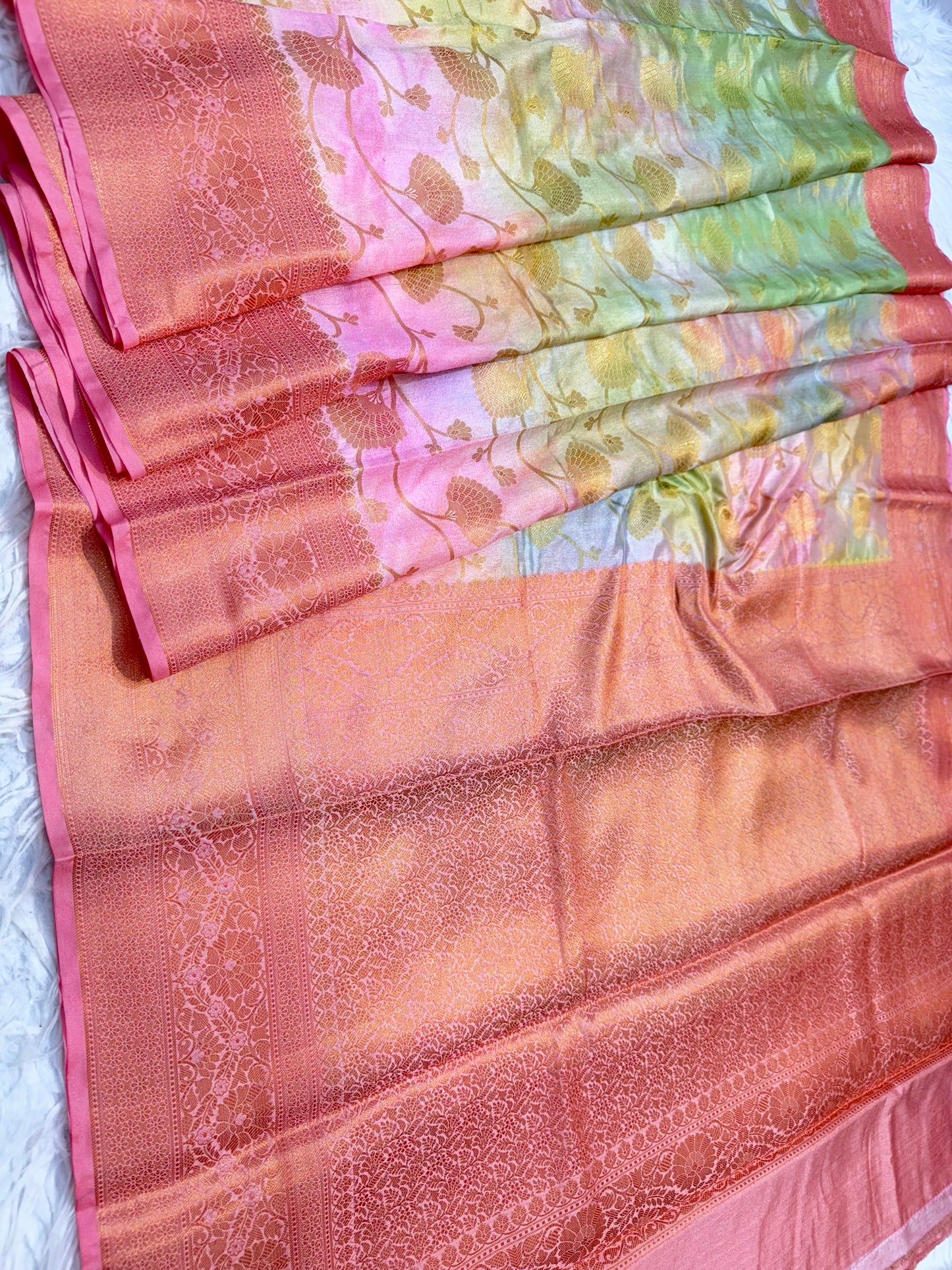 Pink & multicolour Dupion silk digital print Banarasi saree