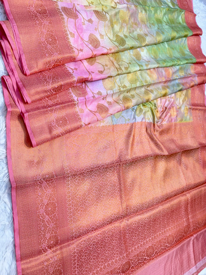Pink & multicolour Dupion silk digital print Banarasi saree