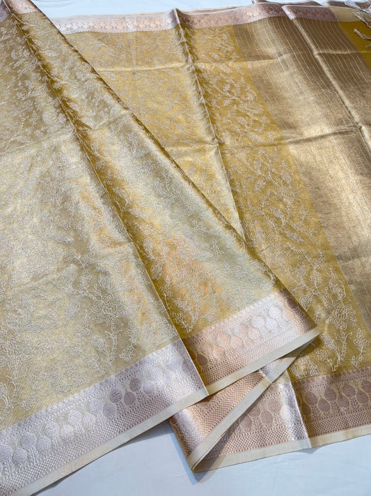 Gold shade tissue kota embroidery primum Banarasi saree