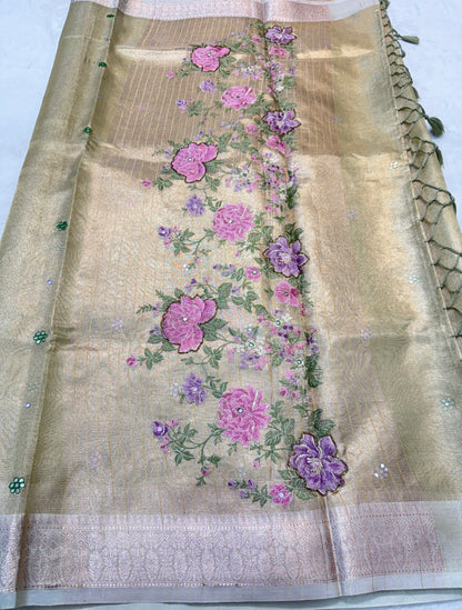 Pista green shade kota tissue kota designer embroidery handwork premium Banarasi saree