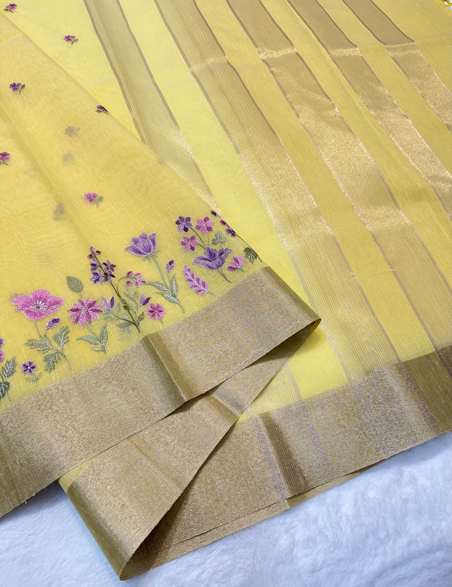 Yellow shade linen embroidery premium Banarasi saree