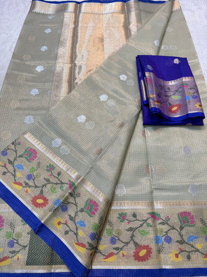 Pista green & multicolour shade tissue kota premium paithani border designer banarasi saree