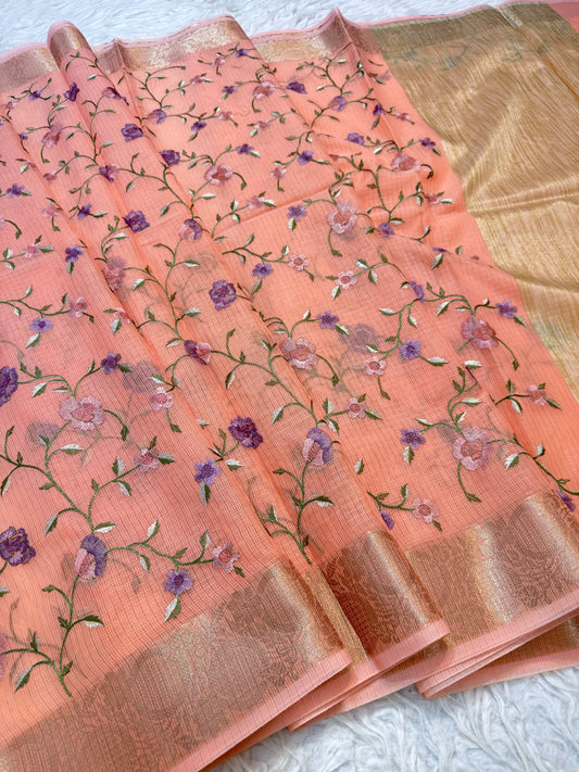 Peach shade cotton kota embroidery Banarasi saree