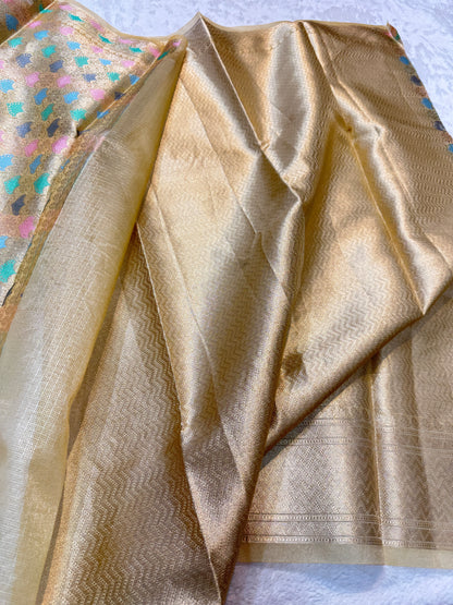 Beige shade tissue kota mirror work premium Banarasi saree