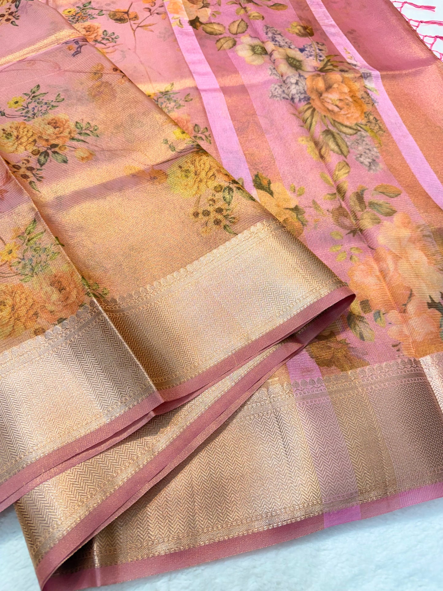 multicolour tissue silk digital print handwork premium Banarasi saree