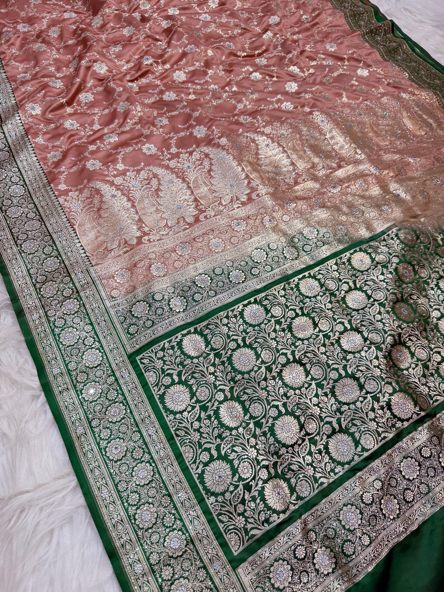 Peach & bottle green shade Bridal Satan katan ari & stone work Banarasi silk Saree