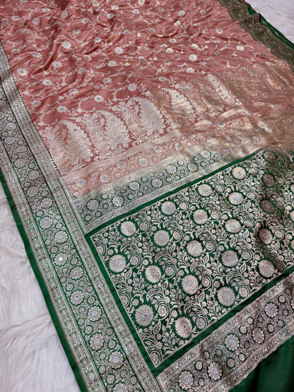 Peach & bottle green shade Bridal Satan katan ari & stone work Banarasi silk Saree