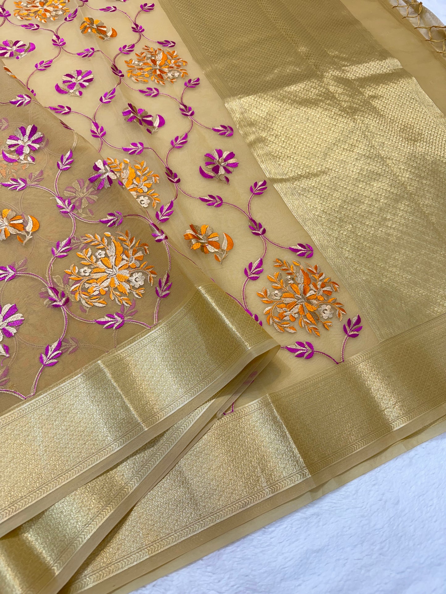 Beige shade organza designer premium embroidery Banarasi saree