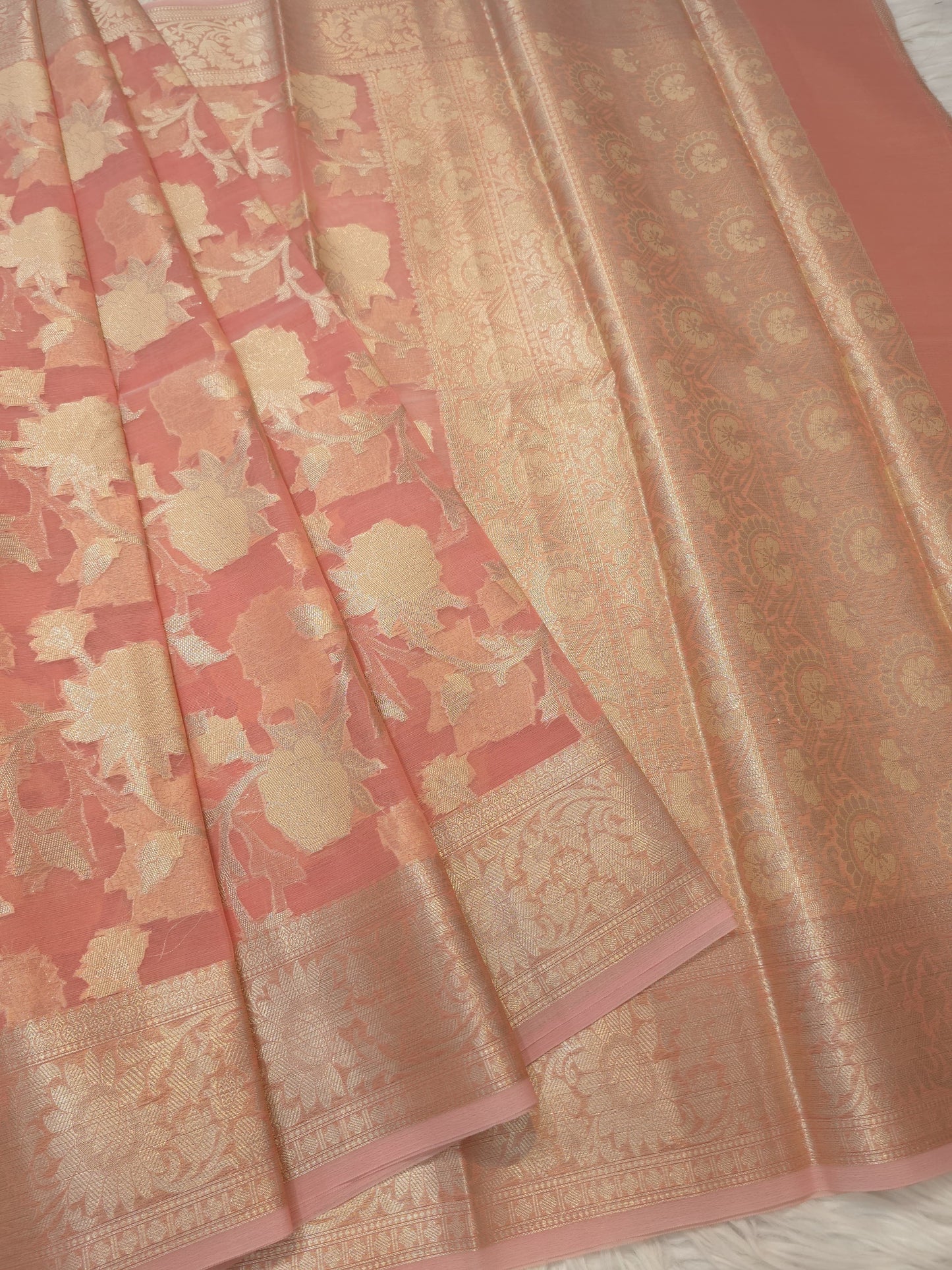 Peach shade kora organza Banarasi saree