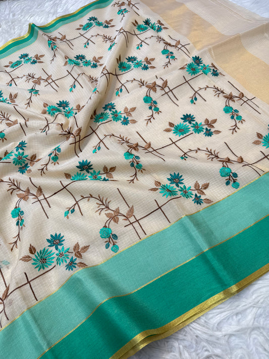 Off white sea green turquoise shade tissue kota embroidery Banarasi saree
