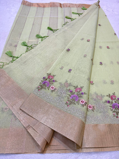 Pista green shade linen embroidery Banarasi saree