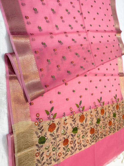 Pink shade cotton kota embroidery Banarasi saree