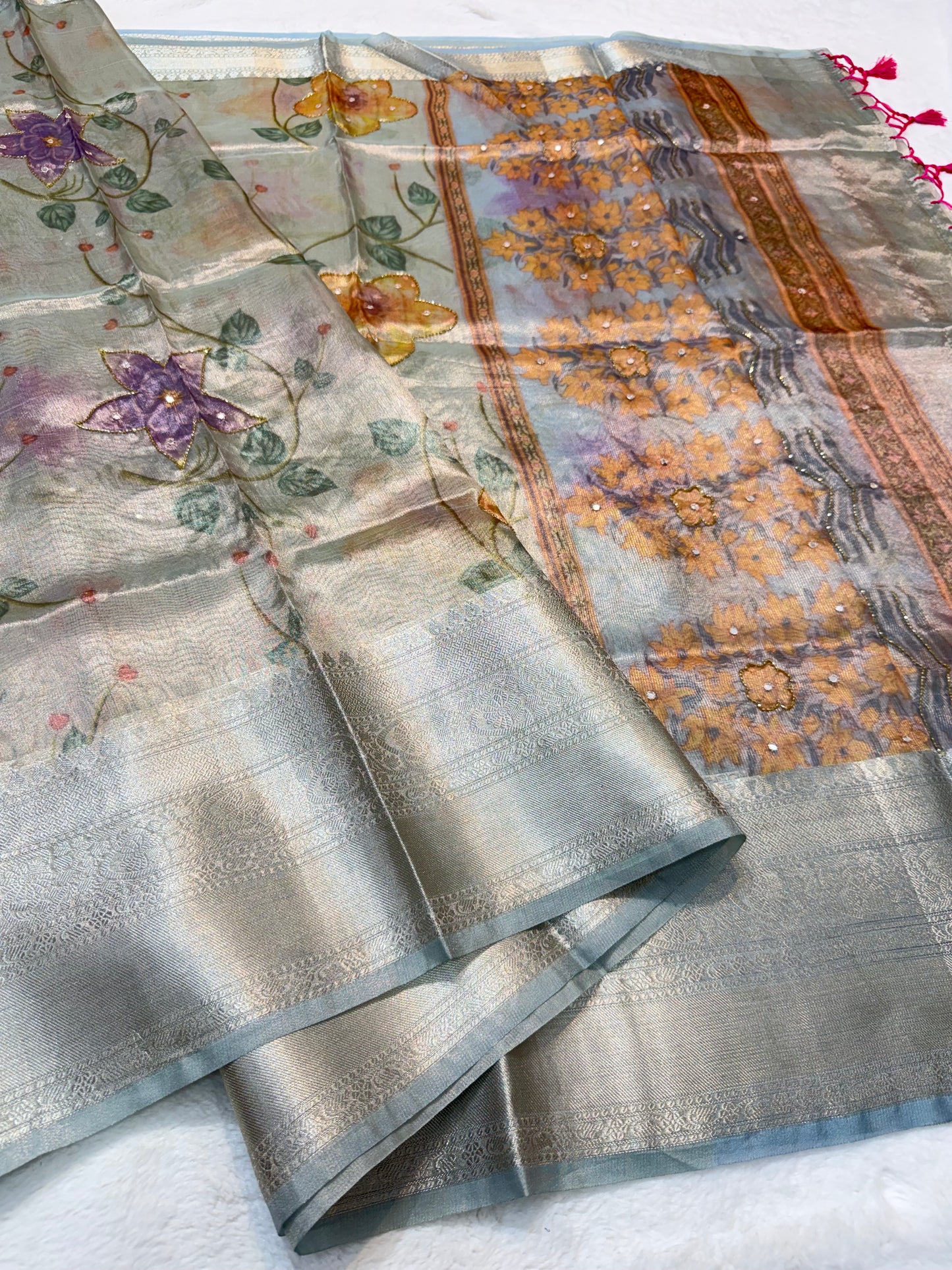 multicolour tissue silk digital print handwork premium Banarasi saree