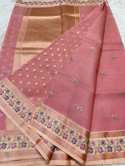 Rose gold shade kora organza  embroidery Banarasi saree