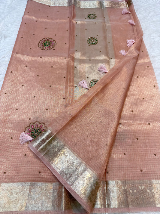Peach shade tissue kota designer handwork premium Banarasi saree