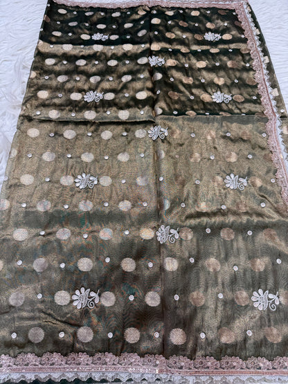 Bottle green  shade tissue ari & zardosi work designer premium Banarasi saree