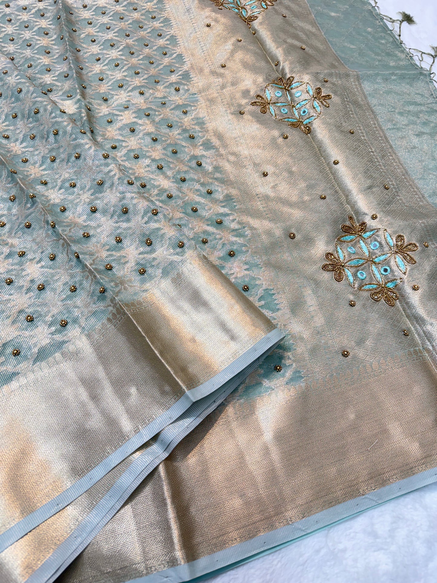 Sea green tissue kota designer handwork premium Banarasi saree