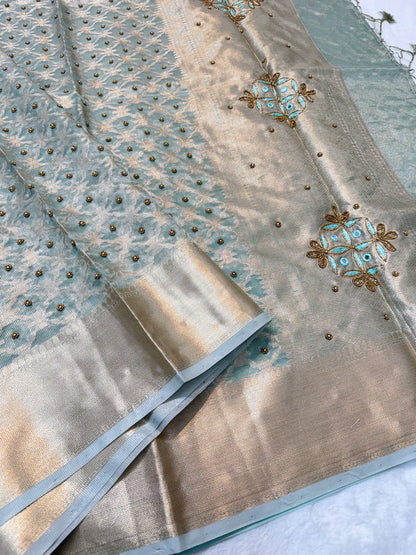 Sea green tissue kota designer handwork premium Banarasi saree