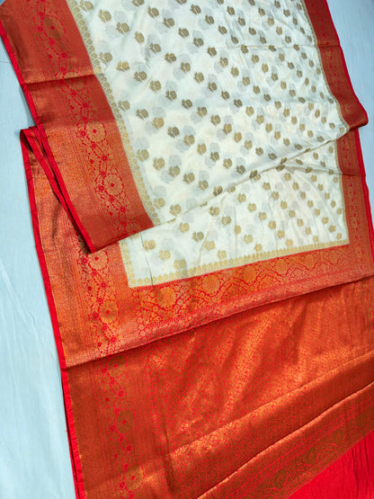 Off white red  shade Dupion Silk premium Banarasi Saree