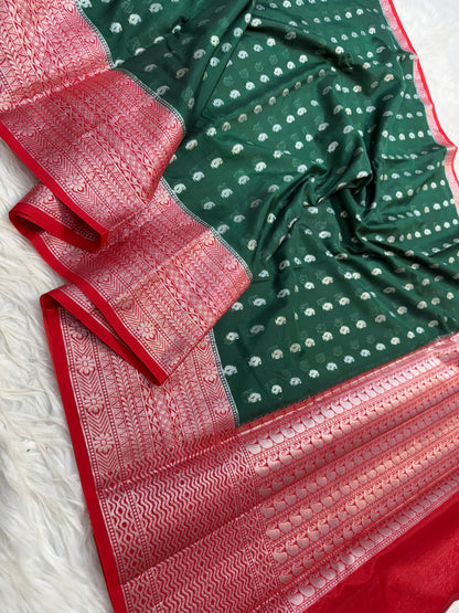 Bottle green red warm silk premium Banarasi saree